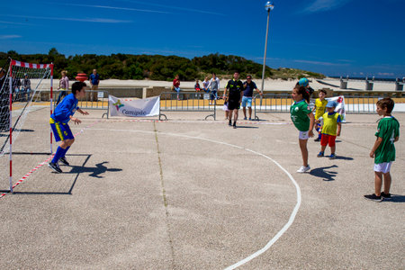 Caminha, Viana do Castelo, Portugal - June 10, 2019: Children's handball tournament organized by the Afifense Sports Association to promote sport for children on June 10, 2019.のeditorial素材