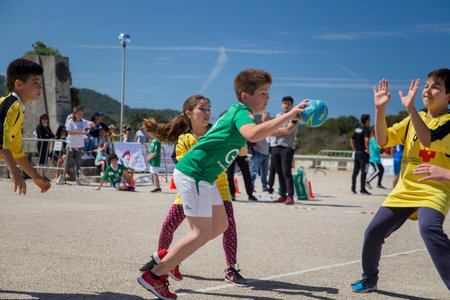 Caminha, Viana do Castelo, Portugal - June 10, 2019: Children's handball tournament organized by the Afifense Sports Association to promote sport for children on June 10, 2019.のeditorial素材