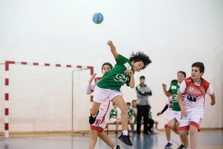 Afife, Viana do Castelo, Portugal - February 1, 2020: AD Afifense player in action against Becas B, game to count to the Minis Tournament organized by Afifense handball on February 1, 2020 in Afife.のeditorial素材