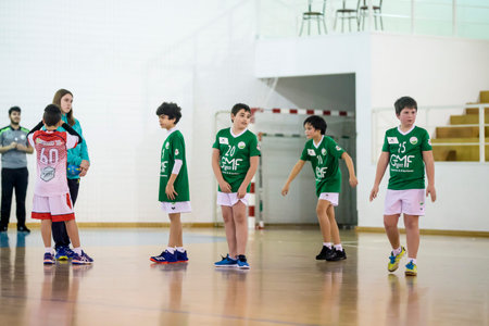 Afife, Viana do Castelo, Portugal - February 1, 2020: AD Afifense player in action against Becas B, game to count to the Minis Tournament organized by Afifense handball on February 1, 2020 in Afife.のeditorial素材