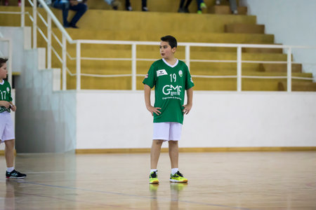 Afife, Viana do Castelo, Portugal - February 1, 2020: AD Afifense player in action against Becas B, game to count to the Minis Tournament organized by Afifense handball on February 1, 2020 in Afife.のeditorial素材