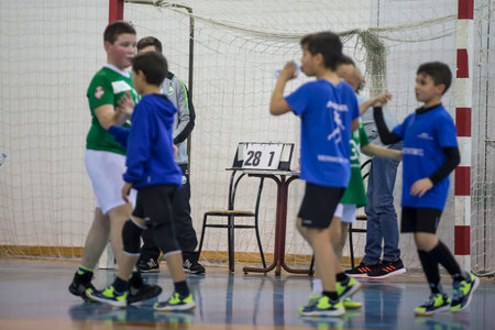 Afife, Viana do Castelo, Portugal - February 9, 2019: AD Afifense player in action against Vermoim, game to count to the Minis Tournament organized by Afifense handball on February 9, 2019 in Afife.のeditorial素材