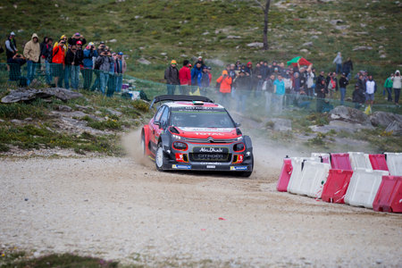 Afife, PORTUGAL-MAY 19: French driver S. Lefebvre and co-driver G.Moreau, steer their Citroen C3 WRC in Caminha, northern Portugal, on May 19, 2017, during the first stage of the Portugal WCR rally.のeditorial素材