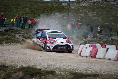 PORTO, PORTUGAL - MAY 17: Ott Tanak of Estonia and Martin Jarveoja of Estonia compete in their Toyota Gazoo Racing WRT Toyota Yaris WRC during the shakedown of the WRC Portugal on May 17, 2018.のeditorial素材