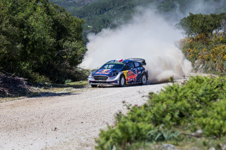 Portugal, May 18, 2018: Sebastien Ogier of France and Julien Ingrassia of France competes in their M-Sport FORD WRT Ford Fiesta WRC during the SS5 Viana do Castelo of the WRC Portugal on May 18, 2018.のeditorial素材