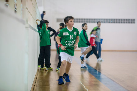 Viana do Castelo, Portugal - February 15, 2020: AD Afifense player in action against Becas B, game to count to the Minis Tournament organized by Afifense handball on February15, 2020 in Afife.のeditorial素材