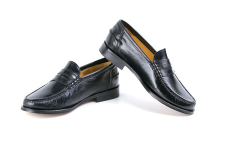 Pair of black shoes on white background, isolated product.