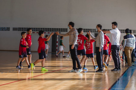 Afife, Viana do Castelo, Portugal - November 13, 2021: AD Afifense player in action against Vermoim, game counting for the Intantis Tournament organized by Afifense in handball on February 13, 2021のeditorial素材