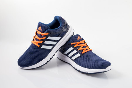 Pair of blue sport shoes isolated on white background. Studio shot.