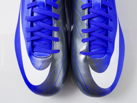 Portugal, June 13, 2022: Nike Sneaker Soccer. Nike, Multinational company. Isolated on White. Product shots.のeditorial素材