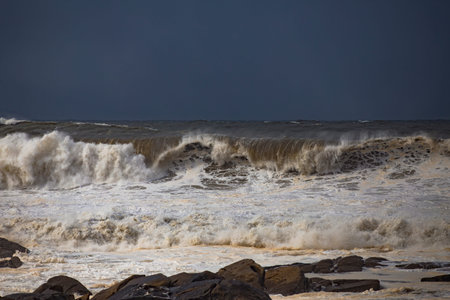 Detail of rough seas and strong sea agitation, red alert status forecast.