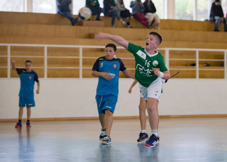 Viana do Castelo, Portugal - February 15, 2020: AD Afifense player in action against Becas B, game to count for the Minis Tournament organized by Afifense handball.のeditorial素材