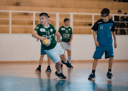 Viana do Castelo, Portugal - February 15, 2020: AD Afifense player in action against Becas B, game to count for the Minis Tournament organized by Afifense handball.のeditorial素材