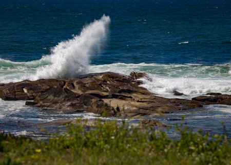 Waves breaking on the rocks in the Atlantic Ocean, in the south of Portugal.の写真素材