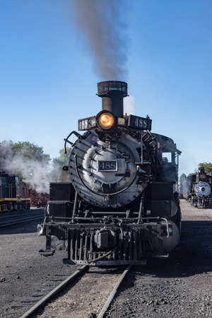 Cumbres Toltec historic narrow-gauge steam train engine at train station in Chama, New Mexico, USA â September 9, 2018のeditorial素材