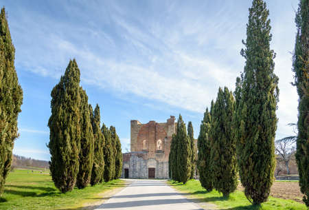 Abbey of San Galgano, tuscany, italy-San Galgano, italy-march 12, 2017- The Abbey of San Galgano was a Cistercian monastery, situaded near Sienaの写真素材