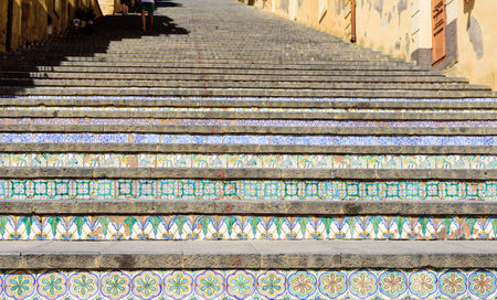 staircase with painted ceramic tiles in Caltagirone, sicily, italyの写真素材