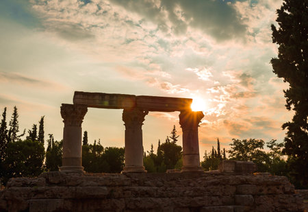 Anchient ruins of temple in Corinth, The lights of sun brights through. Greece - archaeology...