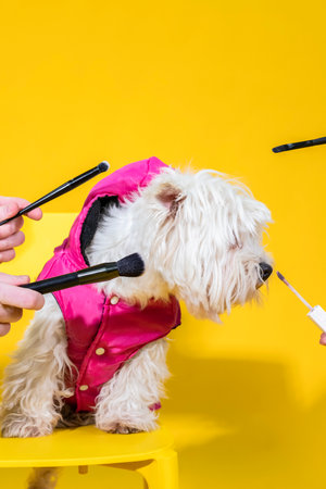 West Highland White Terrier dog in pink jumpsuit or outfit surrounded by hands that holding make up tools. Isolated on yellow background.の写真素材