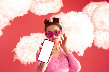 A charming, bright and happy girl in a pink top and short skirt shows an empty screen or display, a mobile phone mockup on an isolated background with clouds. Recommending App. Cloud technology.の写真素材