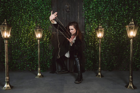 Mystical or magical,beautiful girl in black, dressed in a long coat,tight leather leggings,and tall...