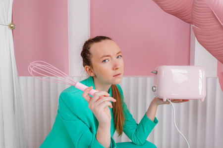 A beautiful girl in a business suit of malachite color powering her gadgets from a plant in a pastel pink room. green power, technologies.の写真素材