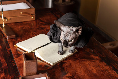 An absolutely beautiful and elegant Canadian Sphynx cat of gray color with mesmerizing big green...