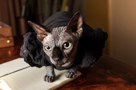 An absolutely beautiful and elegant Canadian Sphynx cat of gray color with mesmerizing big green eyes, wearing a fancy dress, is walking on a vintage wooden deskの写真素材