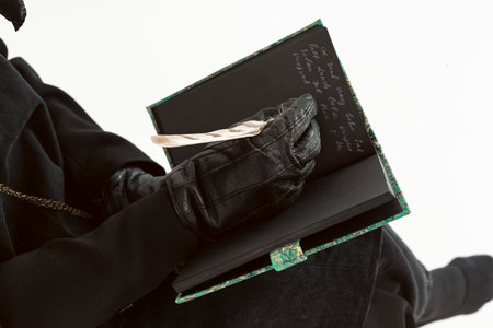 Portrait of a plague doctor from Medieval era sitting and taking notes in a book with a feather. high-quality costume. Isolated on a white background. epidemic and pandemic concept.の写真素材