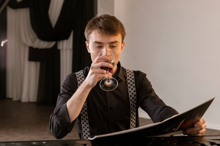 Elegant, handsome young man in black suit and suspenders, looking at music sheets with a glass of wine in his hand and thinking.の写真素材