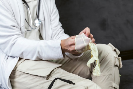 Close-up of a doctor in white coat and a stethoscope on his neck, wearing a sterile white glove.の写真素材