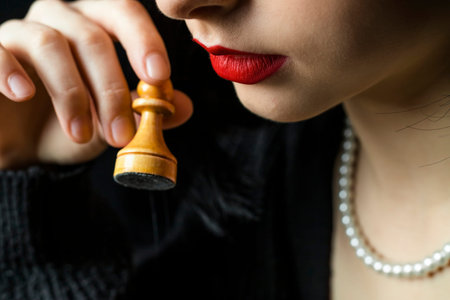Close-up of a  beautiful and elegant girl's lips with bright matte red lipstick and a chess piece.