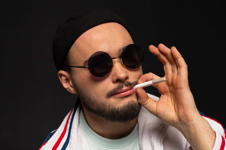Close-up portrait of a oung, tough guy from the streets dressed in a tracksuit and round sunglasses...