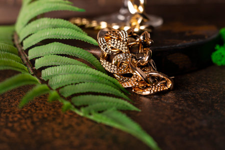 a gold chain, plants and leaves against a wooden background.