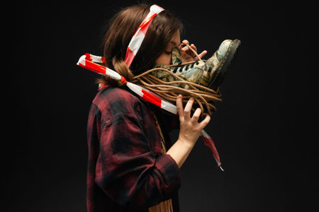 Girl with a shoe tied to her face with a rope and a caution tape, blocking the ability to breathe normally. Isolated on a black background. Concept of suffocation and environment pollution, bad air.の写真素材