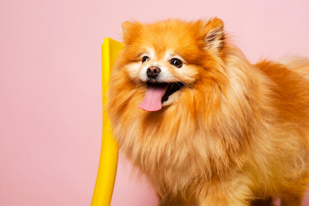 A Happy cute dog - Pomeranian Spitz sticking its tongue out, staying on a yellow chair. Isolated on pastel pink.の写真素材