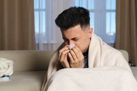 The young man is sitts next to a sofa wrapped in a blanket and is sick with a cold, with a red face from the illness. Feeling unwell, flu, fever. blowing his nose, sniffling.の写真素材