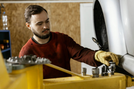 A hard-working mechanic with oily clothes chooses the tool he needs near the car that is lifted on an electric lift.の写真素材
