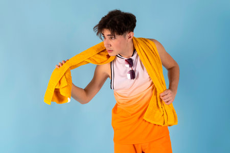 Photo of young man fooling around. using fruits instead of eyes. Sunglass, shirt, shorts, isolated blue color.の写真素材