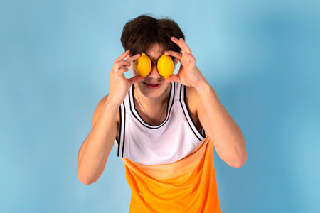 Photo of young man fooling around. using fruits instead of eyes. Sunglass, shirt, shorts, isolated blue color.の写真素材