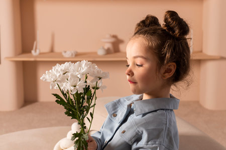 Portrait of a charming little girl, well dressed in a blue shirt and white pants or trousers and with a slight makeup and double bun hair, posing with chamomile flowers in a pastel beige colored room.の写真素材