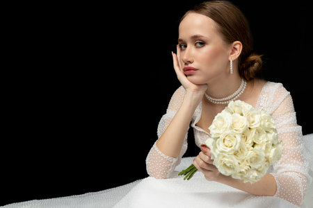 A beautiful charming girl, the bride in a luxurious and elegant white wedding dress, sadly and upset sitting on a floor with a graceful bouquet of white roses. Isolated on a black background.の写真素材