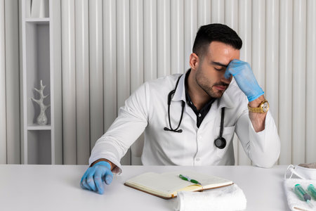 sad, thoughtful or upset doctor in a white coat, stethoscope on the neck and clean or sterile gloves sitting by a table with a notebook.の写真素材