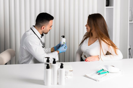 A Handsome, confident doctor explains and showing a blank white bottle with a medicine to a female patient. copy space.の写真素材