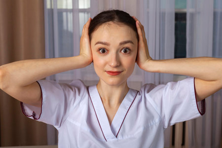 Portrait of a shocked girl. Professional and experienced masseuse.の写真素材