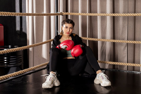 beautiful girl sits in a boxing ring corner, preparing for a fight. Women's boxing.の写真素材