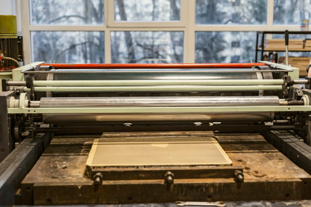 Close-up of a lithographic press or rolling press used for creating lithography, or a machine for...