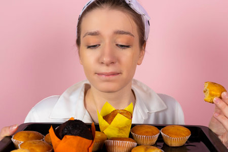Pleased, satisfied girl eats muffins and pastries and looking with great desire. Isolated on pink background.の写真素材