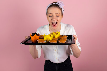 Cute happy girl is holding a tray with fresh, delicious muffins and pastries. Isolated on pink background.の写真素材