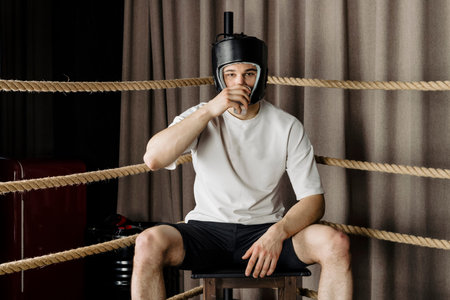 big guy sits at the corner of a boxing ring, wearing a head guard and drinking water.の写真素材